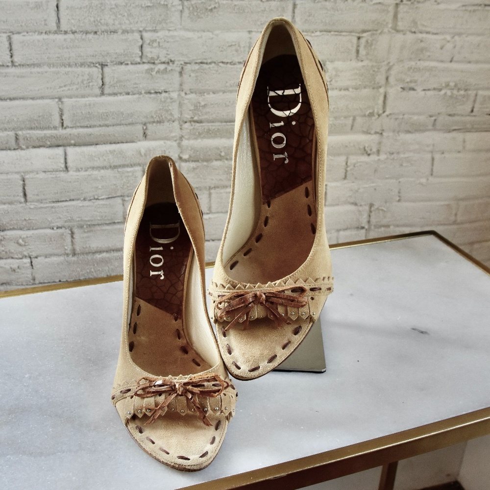 Dior Suede Open Toe Heels Tan 38 US 7.5